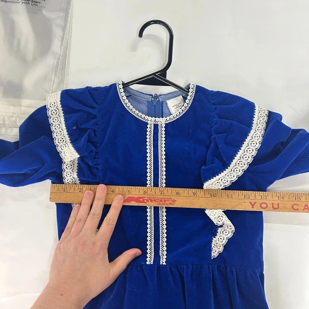 Vintage Prairie Velvet Lace Ruffle Dress Girls 10-12 Blue Cottagecore Holiday